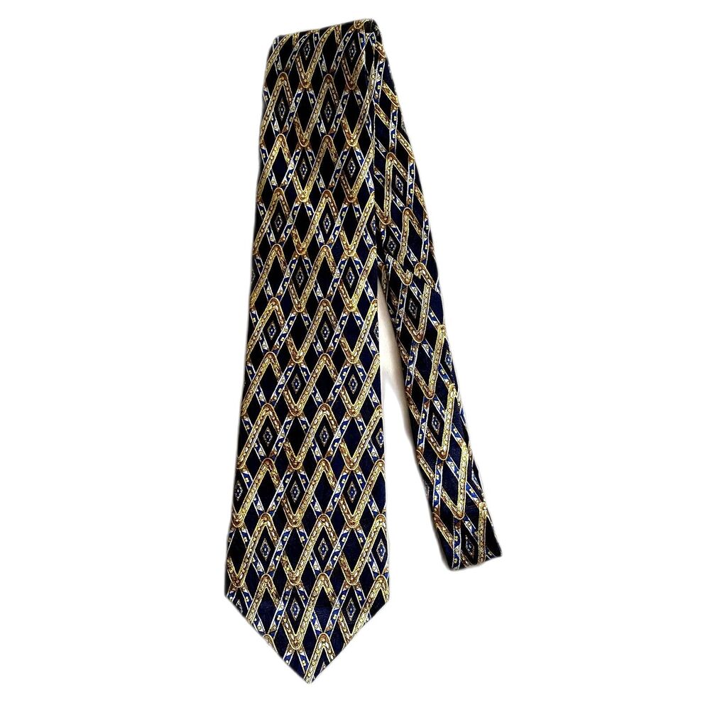 Adolfo 100% Silk Tie Blue‎ Gold Zig Zag Print Men's Necktie